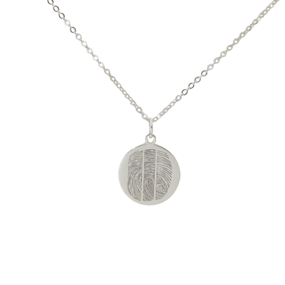 Custom fingerprint pendant necklace in sterling silver on white background