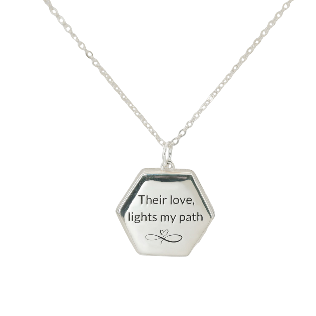 Sage Locket in sterling silver engraved on back with meaningful note, Their love lights my path
